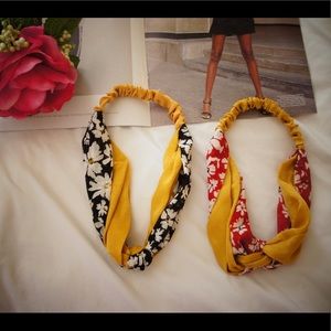 Yellow Black Floral Front Twist Turban Headband